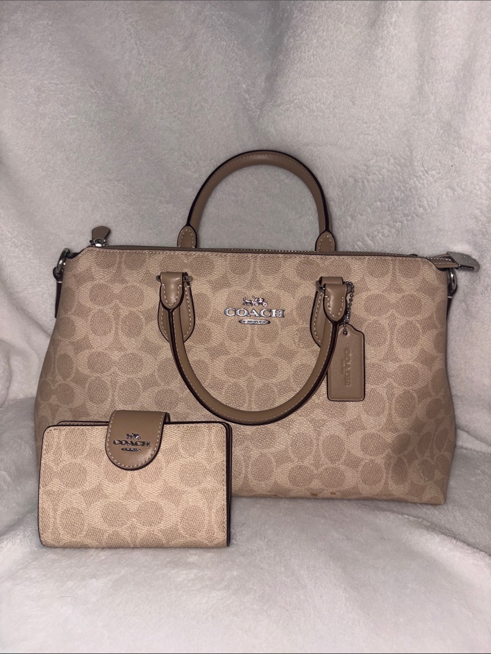 Coach Beige Signature Satchel and Matching Wallet Set